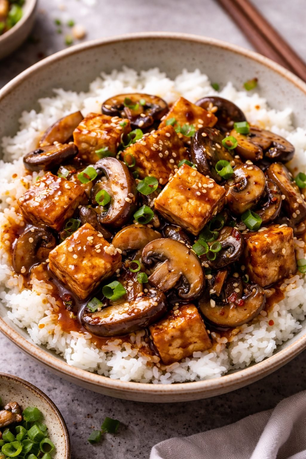 Saucy Tofu and Mushrooms Over Rice