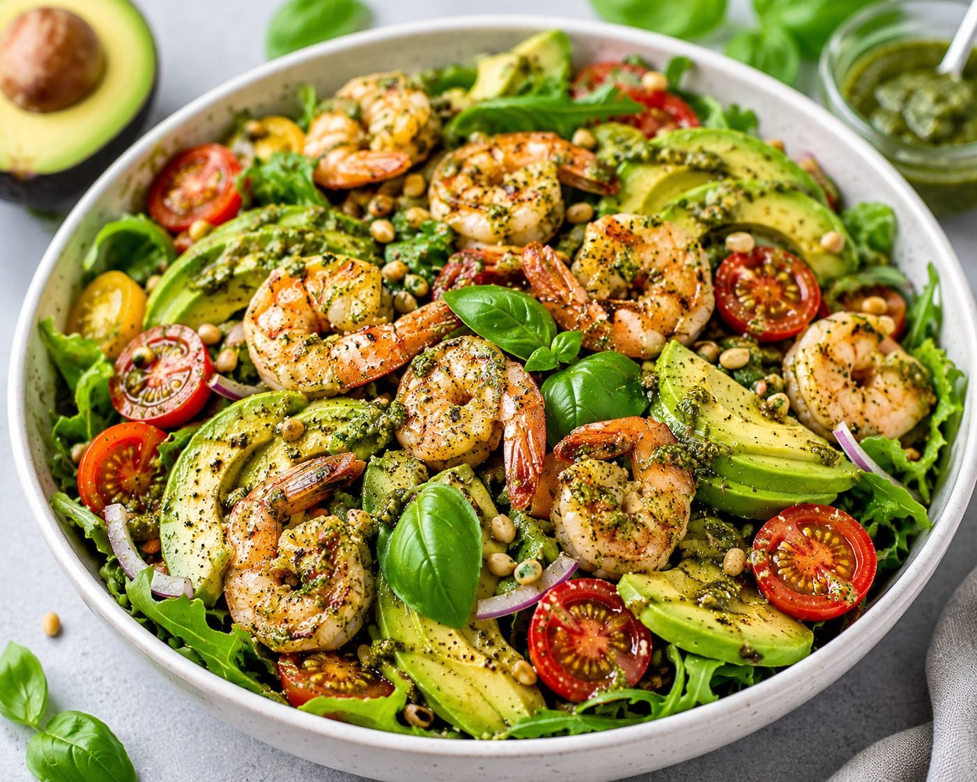 Pesto Shrimp Avocado Salad with Cherry Tomatoes