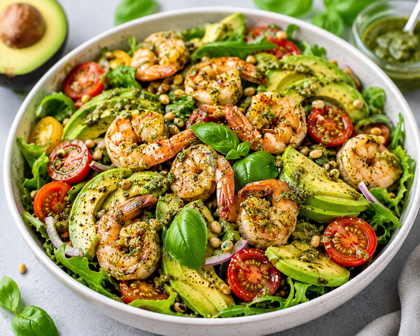 Pesto Shrimp Avocado Salad with Cherry Tomatoes