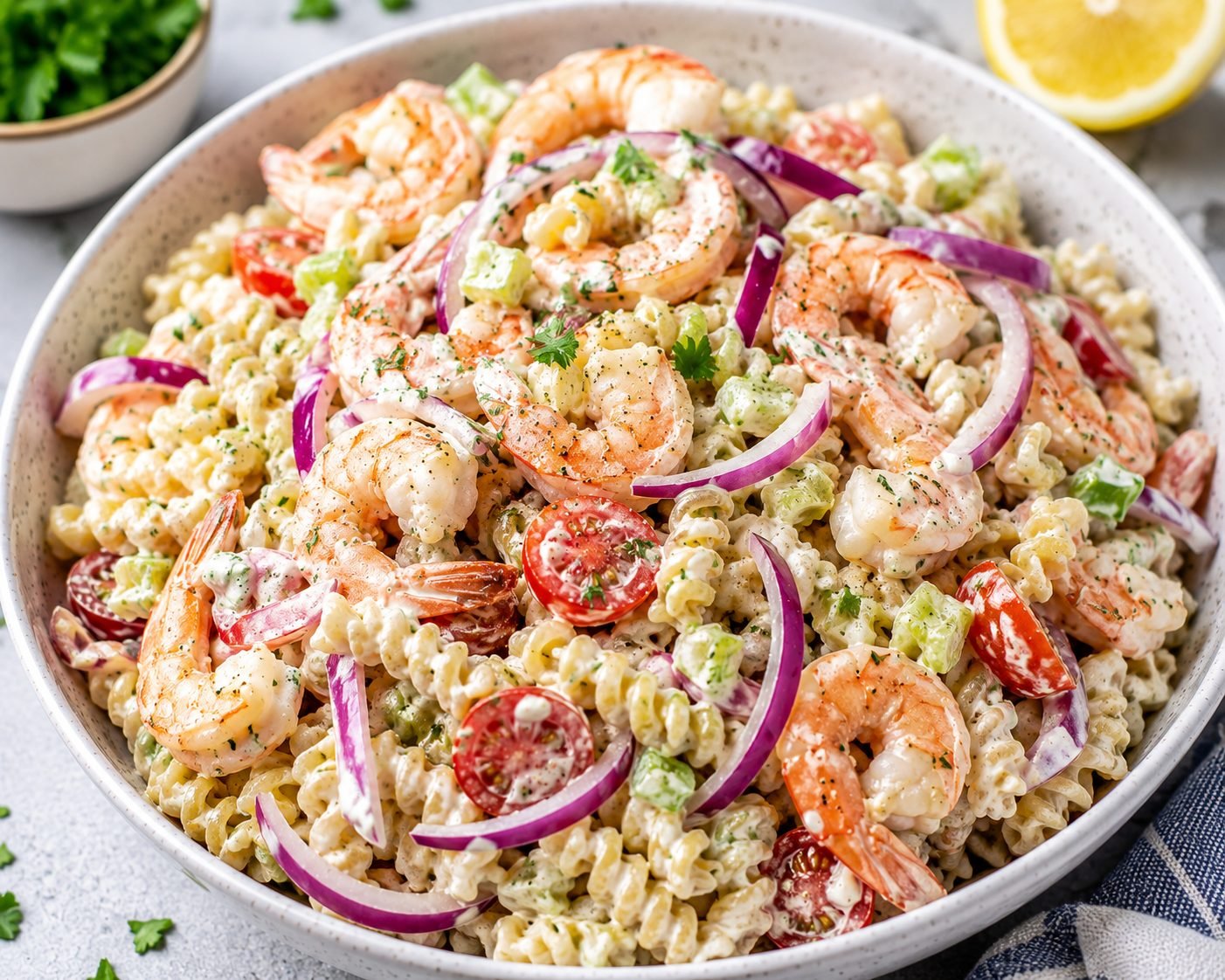 Creamy Shrimp Pasta Salad with Red Onion