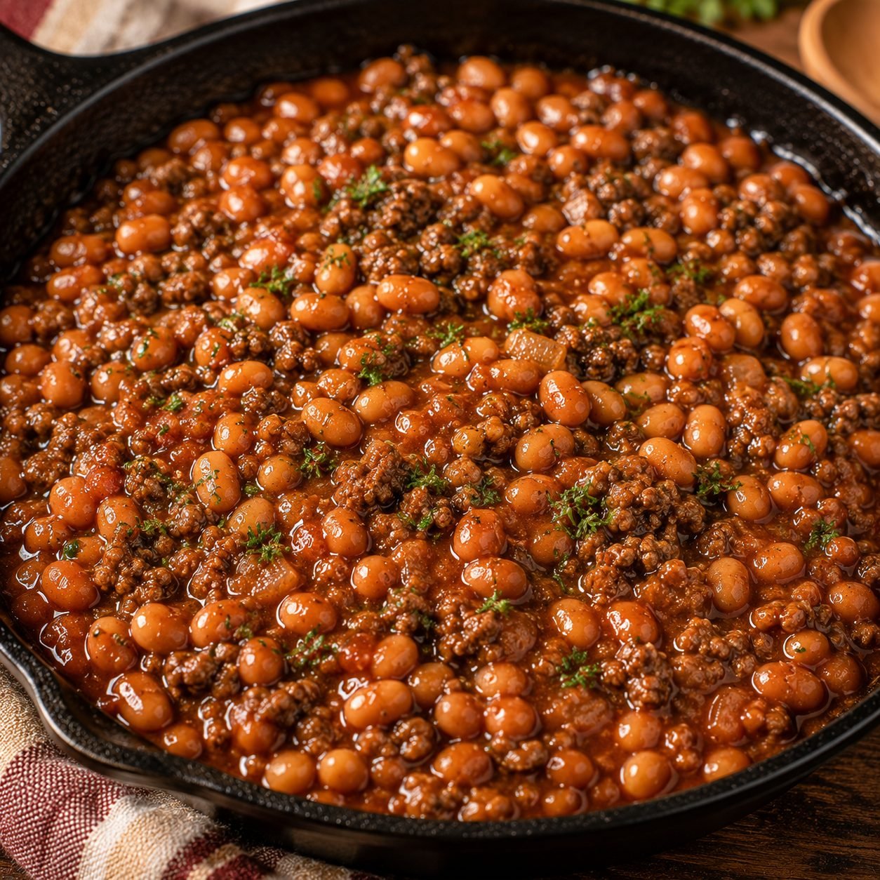 Baked Beans with Ground Beef Recipe | Hearty Cowboy Baked Beans