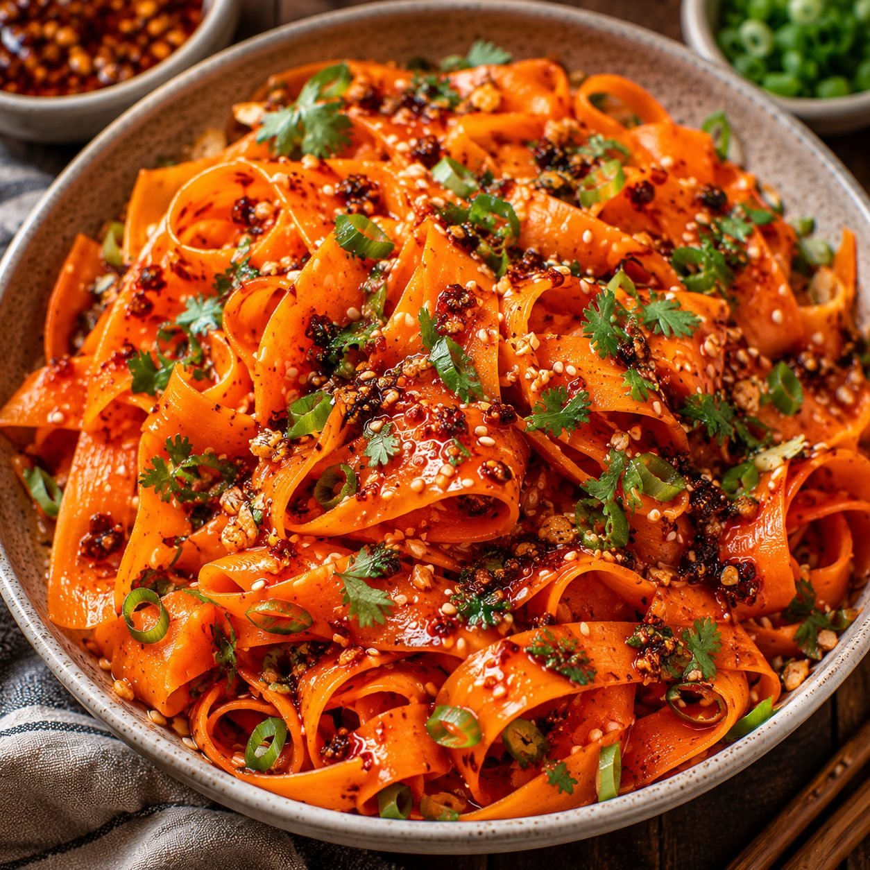 Chili Crisp Carrot Ribbon Salad Recipe | Spicy Asian Carrot Salad