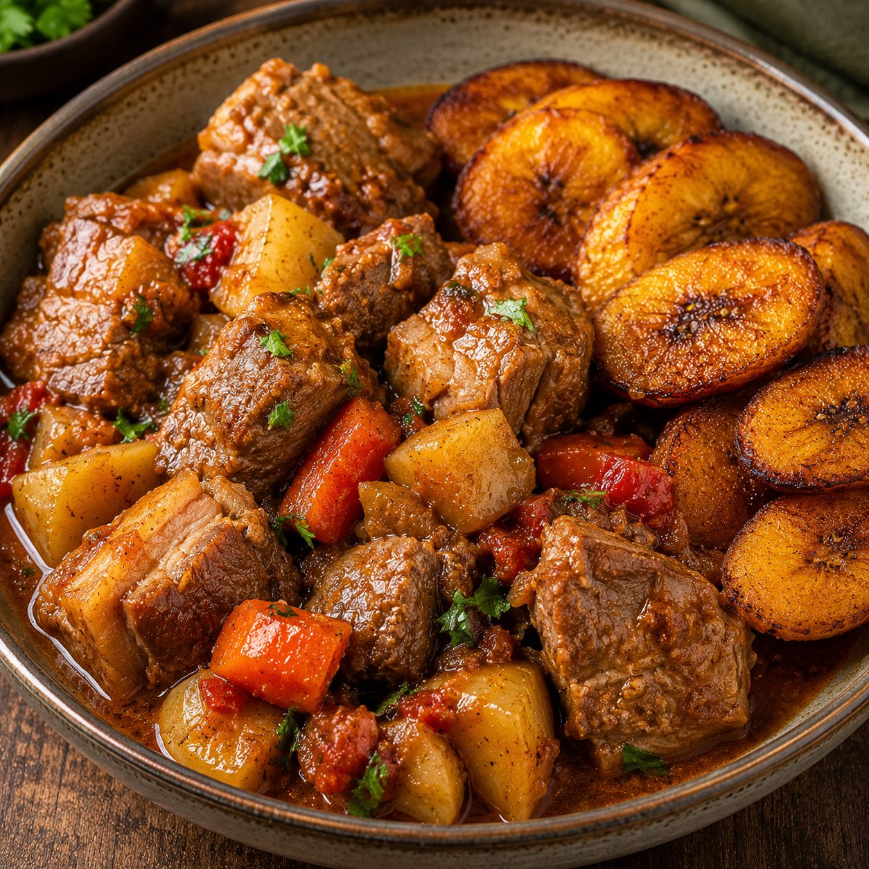 Pork Stew with Fried Plantains Recipe | Hearty Caribbean-Style Pork Stew with Sweet Golden Plantains