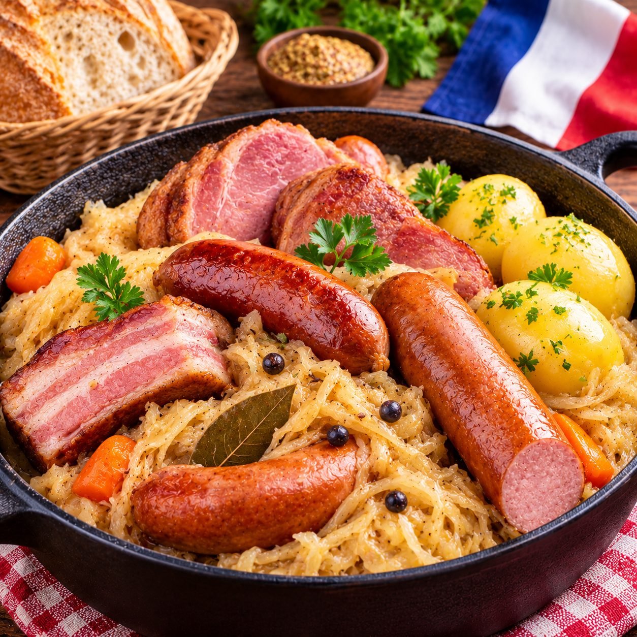 Authentic French Choucroute Garnie Recipe | Traditional Alsatian Sauerkraut with Sausages and Pork