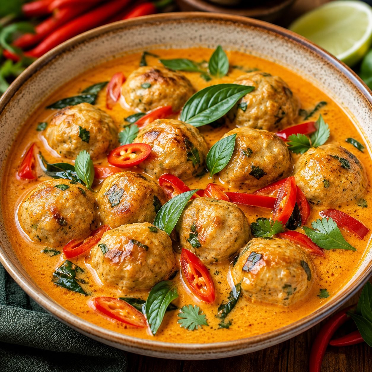 Thai Coconut Curry Chicken Meatballs Recipe | Creamy Thai Chicken Meatballs in Coconut Curry Sauce