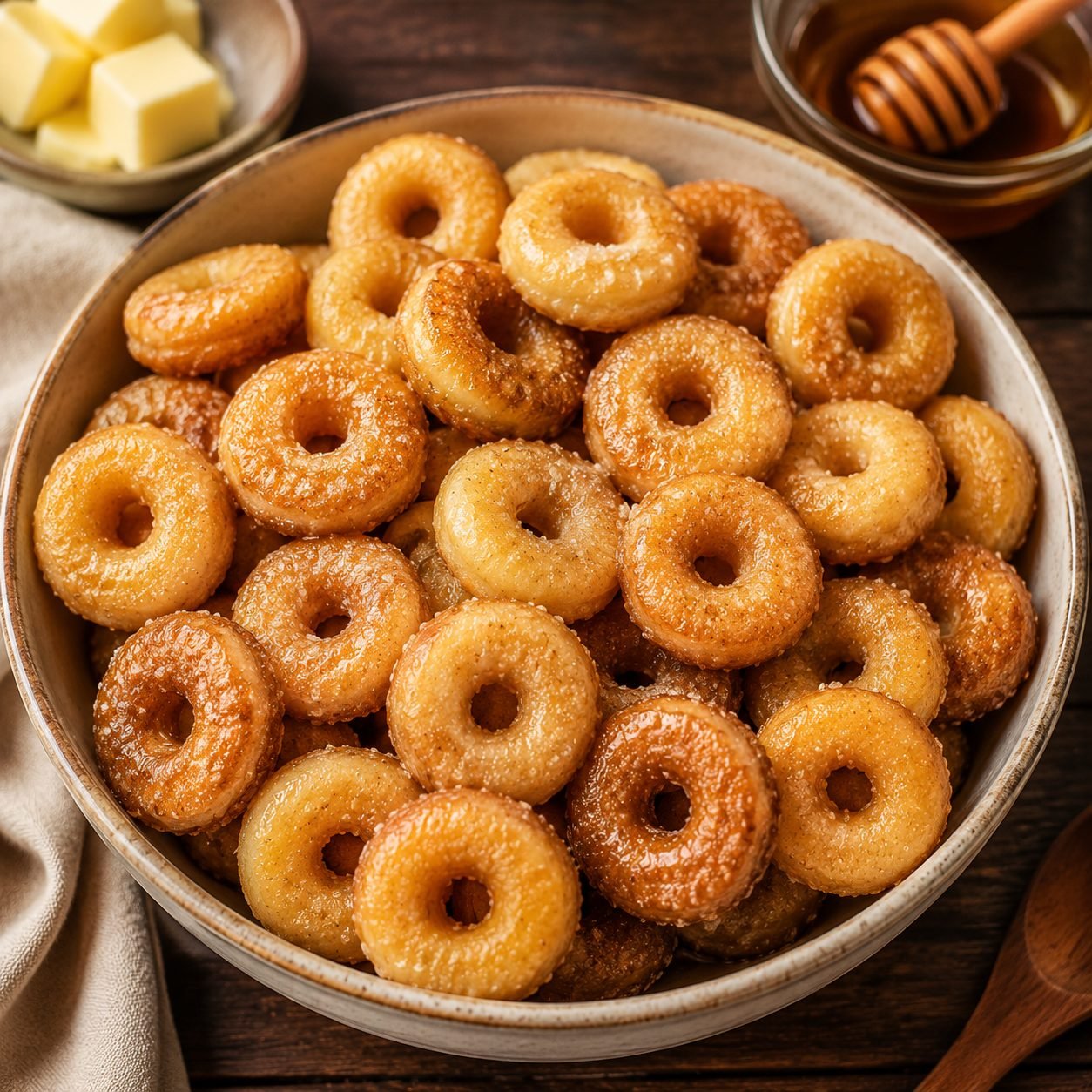 Mini Donut Hot Buttered O’s | Warm Cinnamon Sugar Mini Donut Cereal Treat