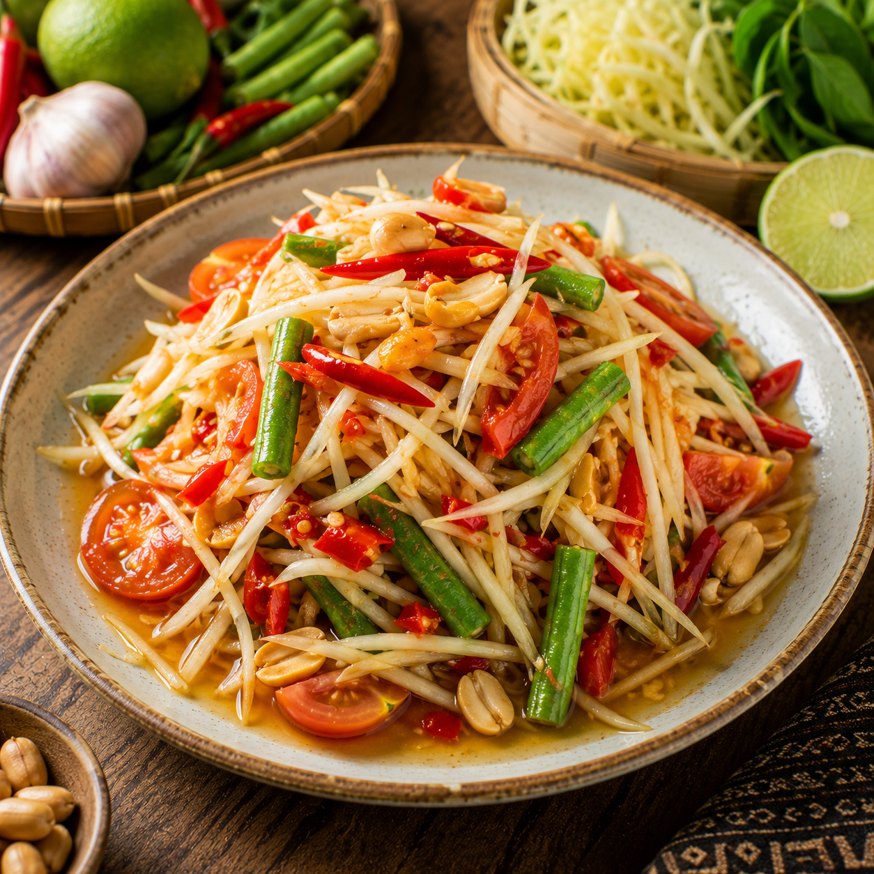 Thai Som Tum Recipe | Authentic Green Papaya Salad with Chili & Lime
