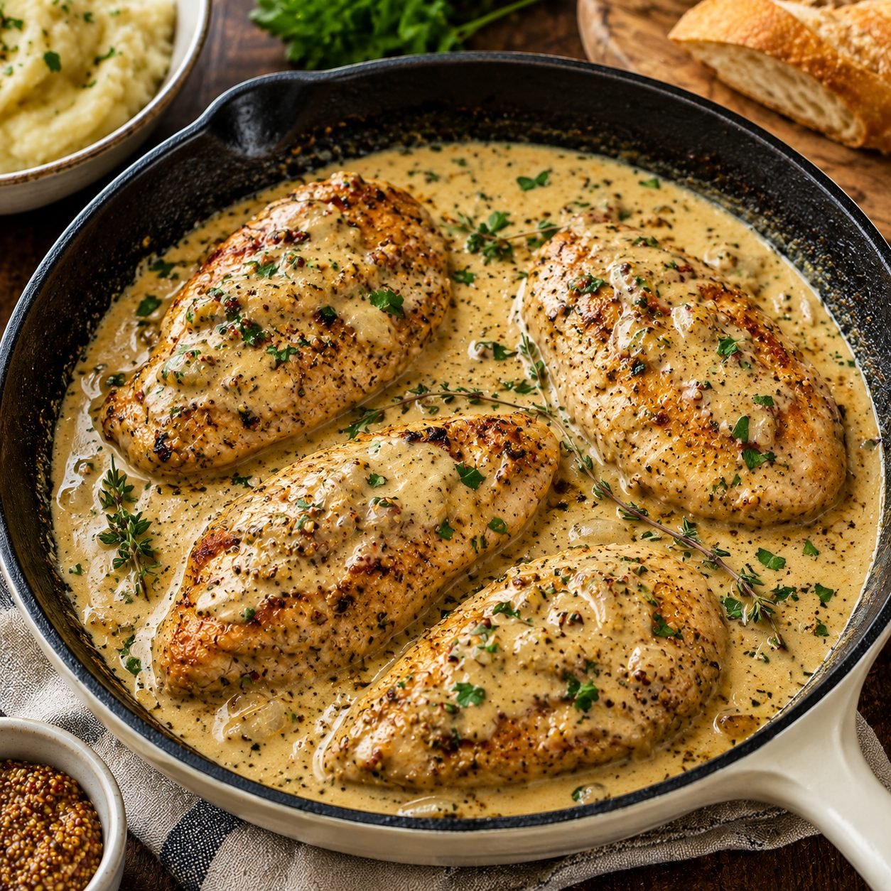 French Dijon Cream Chicken Recipe | Creamy Mustard Chicken with Herbs
