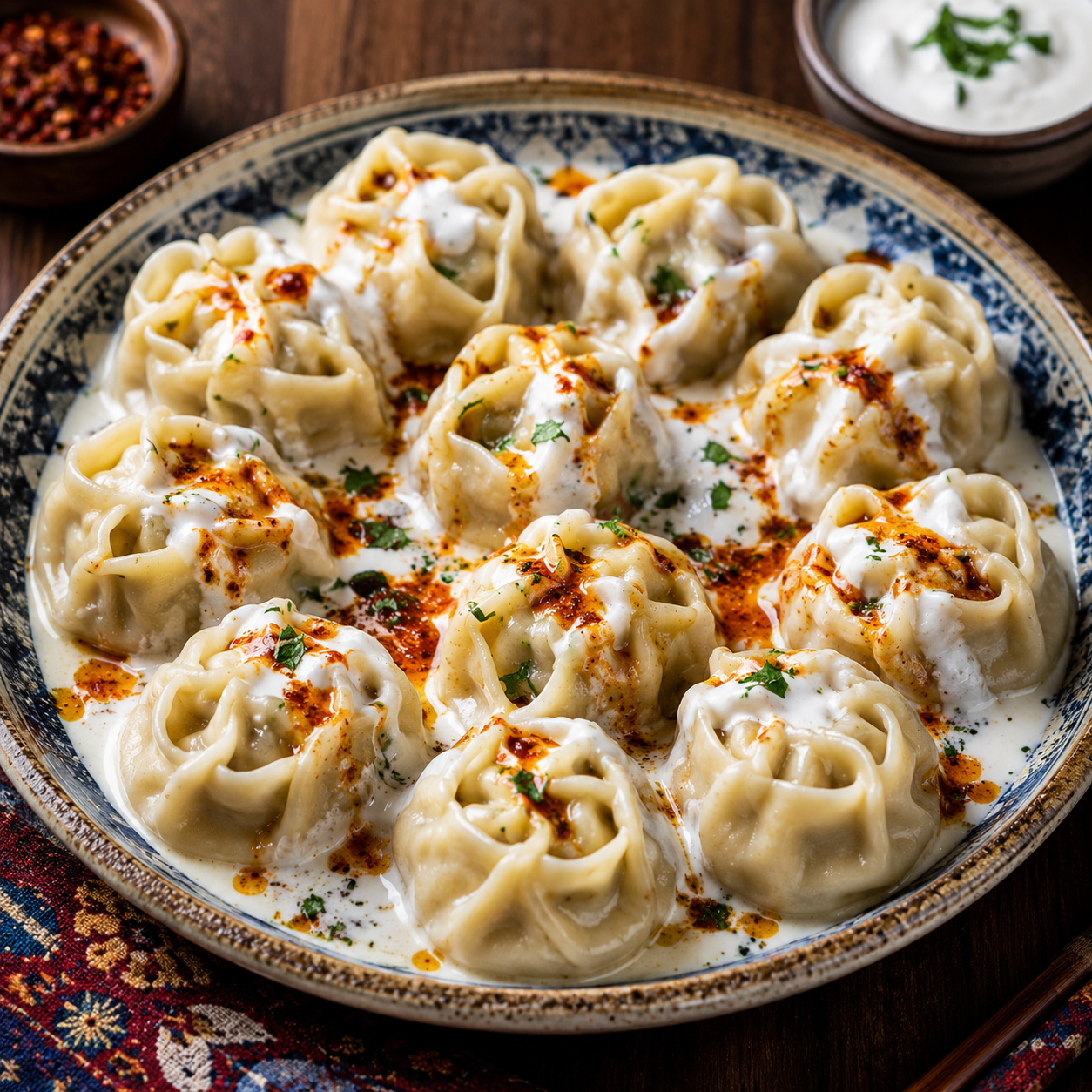 Manti |  Traditional Turkish Dumplings with Garlic Yogurt